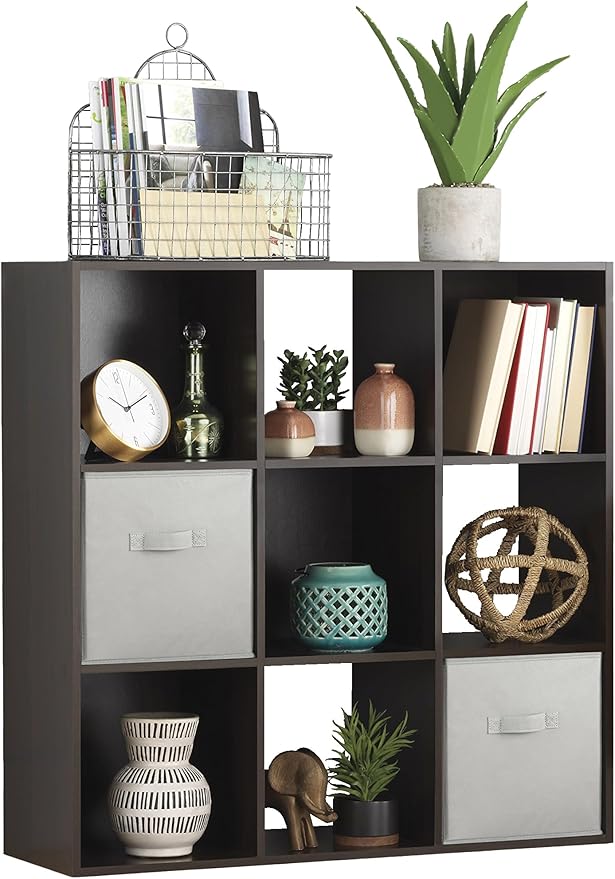 Whitmor 9 Cube Storage Organizer, 3 Tier Stackable Mdf Wood Bookcase, Open Storage Display Bookshelf, Storage Cabinet for Liv