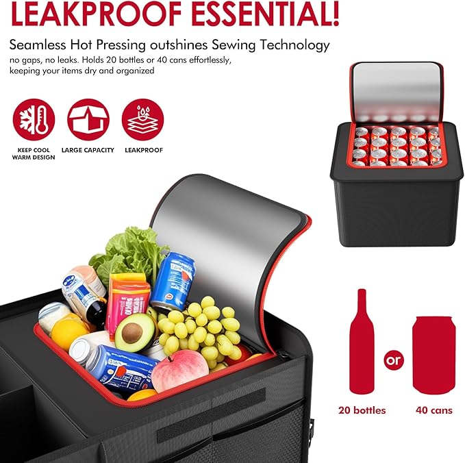 MEI&CO Car Trunk Organizer - 2.5mm PP Board Built, 35L Leakproof Cooler, 105L Capacity, 2 Tie-Down Straps, 4 Adjustable Divide