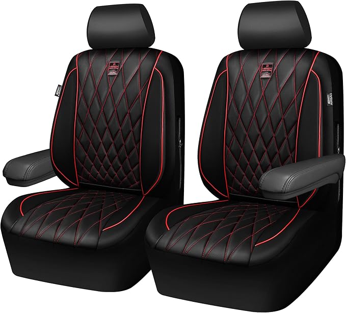 CAR PASS Piping Luxury PU Leather Two Front Car Seat Covers, Waterproof Anti Slip Seat Covers Compatible with Front Seat Armr