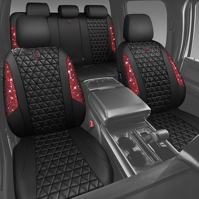 CAR PASS Bling Diamond Black Red Leather Car Seat Covers Full Set, Waterproof Shining Glitter Sparkly Crystal Universal Armre