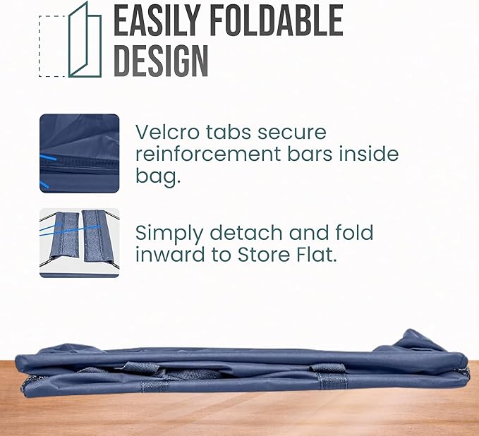 Extra Large Utility Tote Bag - Oversized Collapsible Reusable Wire Frame Rectangular Canvas Basket With Two Exterior Pockets For Beach, Pool, Laundry, Car Trunk, Storage - Navy Blue