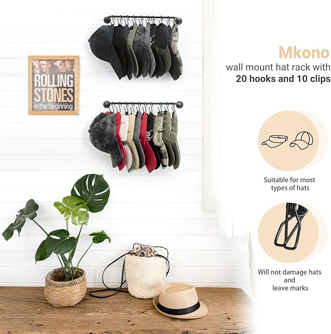 Mkono Hat Rack for Wall Baseball Cap Organizer Hanger with 20 Hooks Modern Metal Hat Holder Wall-Mounted Caps Display for Clo