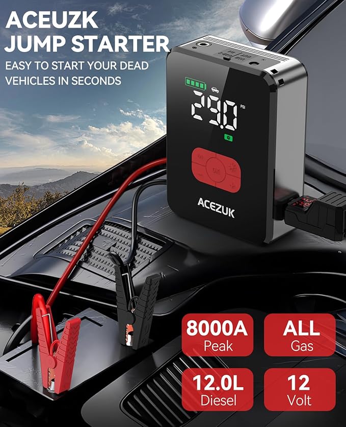 Jump Starter with Air Compressor, 8000A 150PSI Portable Car Jump Starter, 12V Jump Start Pack (All Gas/12L Diesel),Portable