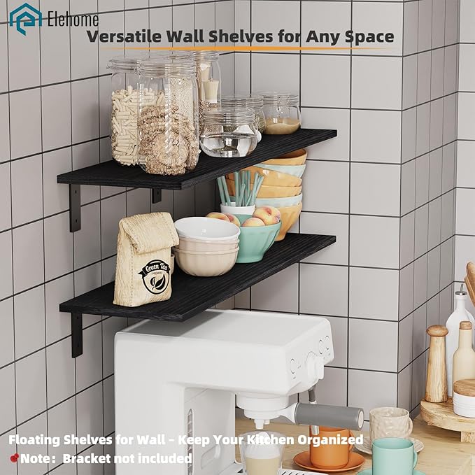 Floating Shelf Board for Wall 5/8" – No Brackets – 36" L x 10" W x 0.6" T Black Wood Melamine Wood Floating Shelves for Bathr