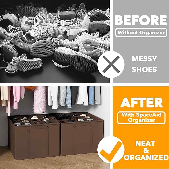 SpaceAid Shoe Organizer for Closet, 2 Pack Foldable Shoe Storage Containers Baskets Boxes Bins w/Adjustable Dividers, Fits 16