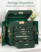 TORIBIO Jewelry Box for Women, Leather Jewelry Organizer with Mirror & Lock, 5-Tier Jewelry Storage Organizer with 4 Drawers 