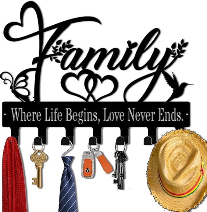 Key Holder Wall Mount, Family Where Life Begins, Love Never Ends Sign, Key Holder Wall for Wall Decorative with 6 Hooks, Orga