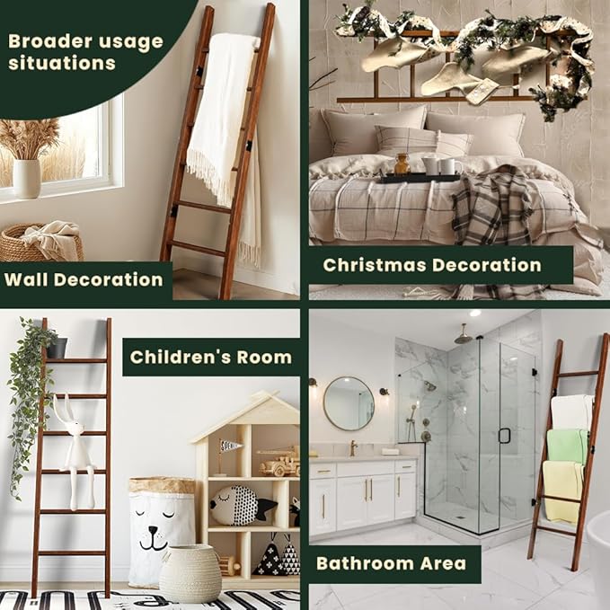 Decorative Wooden Blanket Ladder for the Living Room and Bedroom, 5ft 8 inch, Pine Wood Quilt Ladder, 6-Tier Wall Leaning Bla