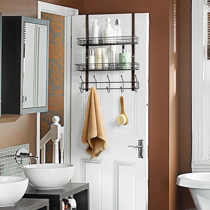 OYEAL Over The Door Hook Rack with 5 Hooks 2 Baskets Steel, Sturdy Durable Coat Rack Towel Hooks Hanging Organizer Shelves fo