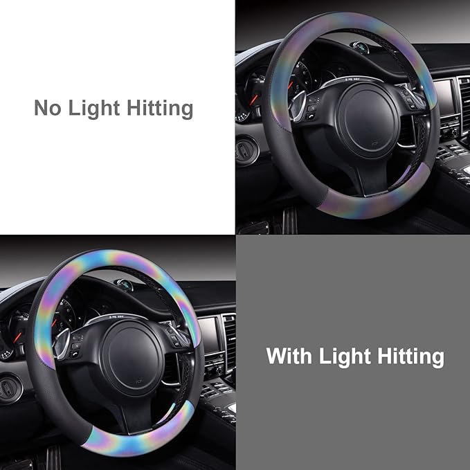 CAR-GRAND Chameleon Iridescent Reflective PU Leather Steering Wheel Cover,15Inch Universal Fit for 95% Suvs,Sedans,Vans,Truck