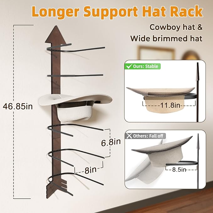 Cowboy Hat Rack Wall Mount, Solid Wood Arrow Design 6 Pieces, Cowboy Hat Holder, Western Decor, Hat Organizer Storage, Hat Ha