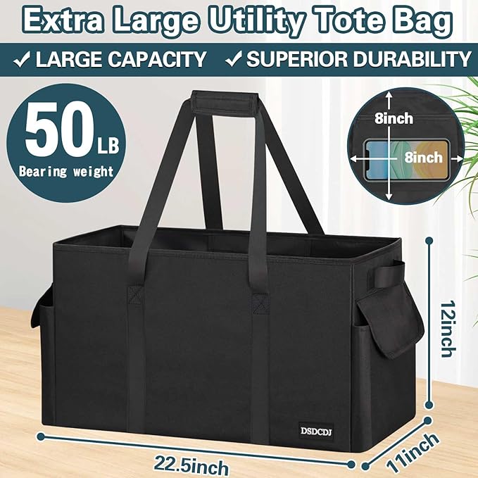 Sturdy Extra Large Utility Tote Bag with Hard Bottom & Sides, Heavy Duty Grocery Tote Bag, Thirty One Utility Tote with Handles for Shopping, Beach, Picnics, Camping, Car (22.5"x11"x12")