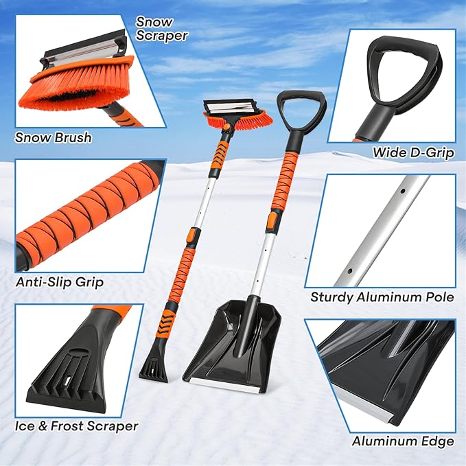 41.5" Extendable Ice Scraper and Brush for Car Windshield, 4 in 1 Snow Shovel Snow Brush Scraper Kit with Foam Grip and 180° Pivoting Brush Head, for Cars, Trucks, SUVs, Vehicle