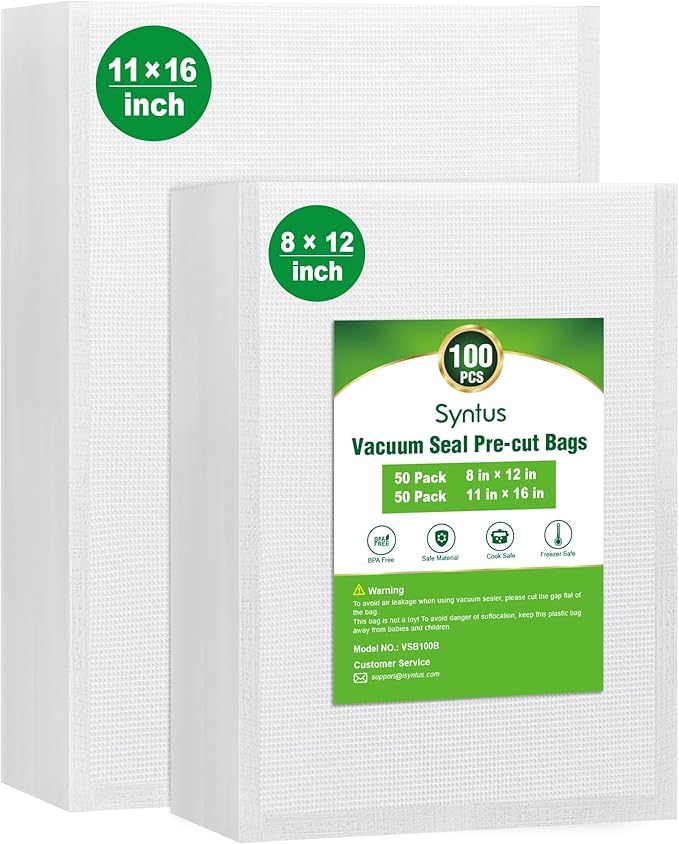 Syntus Vacuum Sealer Bags, 100 Gallon 11" x 16" and Quart 8" x 12" Commercial Grade PreCut Bag, BPA Free Food Vac Bags for St