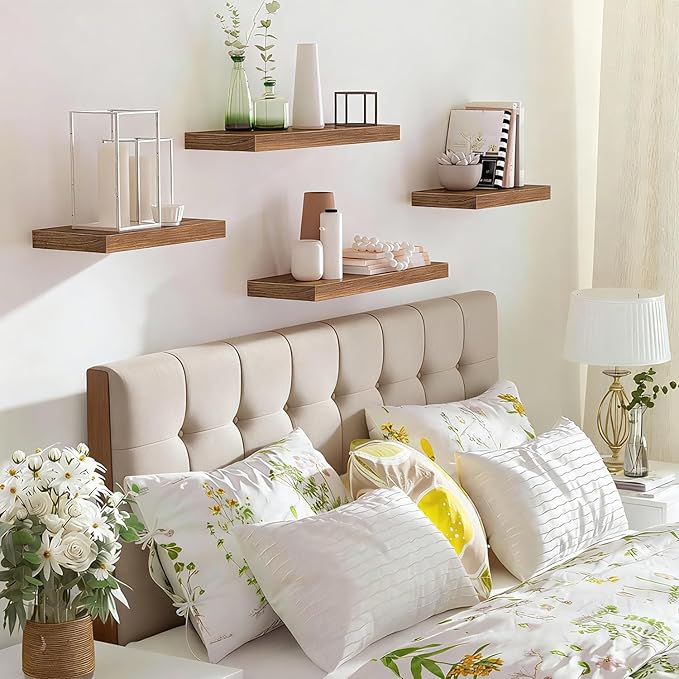Solid Wood Floating Shelves Set of 2 - Waterproof Scratch Resistant Wall Mounted Shelves, Country Style Brown (15.75 in W × 9