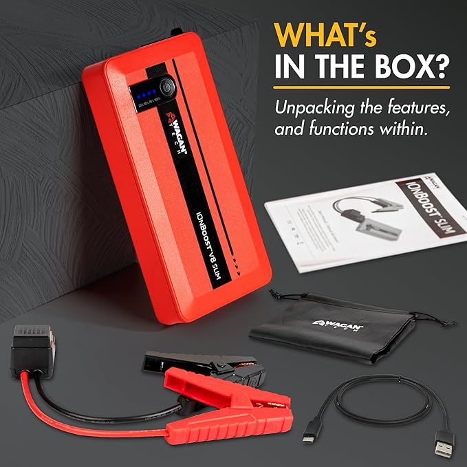 Wagan EL7601 iOnBoost V8 Slim Jump Starter 1200A Peak 12V Portable Lithium Car Battery Booster for Up to 4.0L V8 Gas or 2.0L
