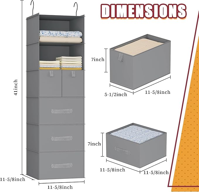 6-Shelves Hanging Closet Organizer with 5 Different Drawers, Foldable Closet Organizers and Storage for Wardrobe, Closet& RV,