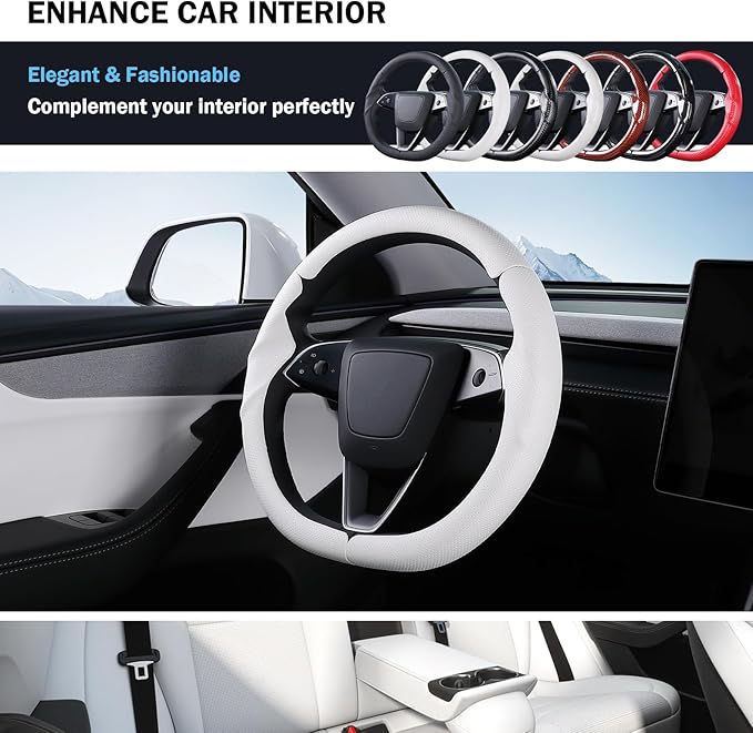 Steering Wheel Cover for Tesla Model 3 Highland(2024-Present)/ Model Y Juniper(2025-Present),Anti-Slip,Comfortable Grip,Breathable,Customized for Tesla Model 3/Y Accessories,Nappa White