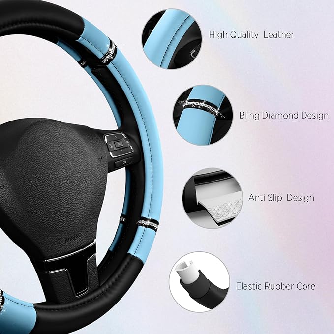 Road Comfort Leather Steering Wheel Cover – Premium Anti-Slip Car Steering Wheel Grip Cover – Universal Fit for 14.5”–15.5” C