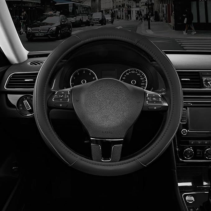 Road Comforts Leather Steering Wheel Cover with Decorative Trim and Piping, Anti-Slip Breathable Design, Fits 14.5–15 Inch Ro