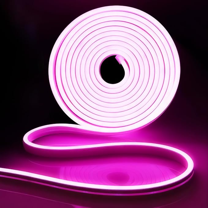 iNextStation 16.4FT/5M Pink LED Strip Lights, DC12V Silicone Neon Light Strip, IP65 Waterproof Led Rope Lights 0.98In Cuttable for DIY, LED Light Strip for Bedroom, Indoor, Outdoor(No Adapter)