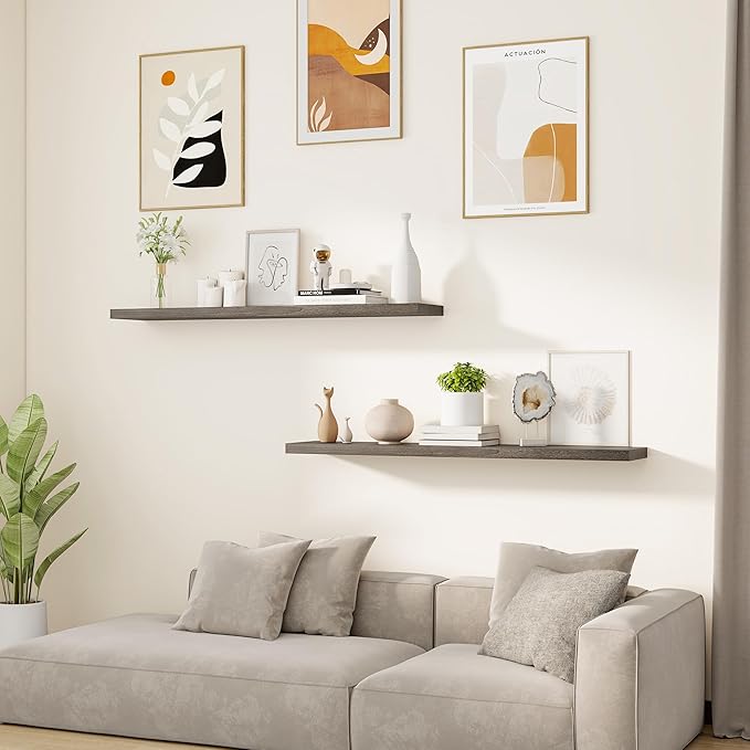 Vivelove Elm Wood Floating Shelves, Wooden Shelves for Wall with Invisible Bracket for Living Room Bedroom Bathroom Office Bo