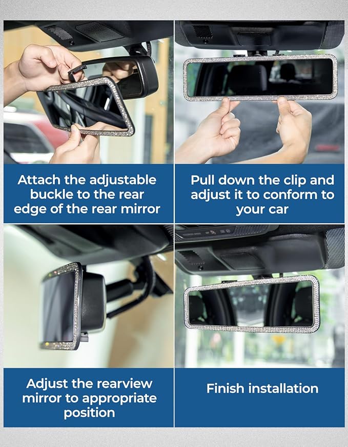 JOYTUTUS Rear View Mirror, Universal 11.81 Inch Panoramic Rearview Accessories with Bling Rhinestones Crystal Diamonds Edge, Interior Clip-on Wide Angle Rear View Mirror -White