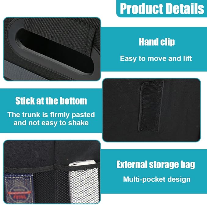 Car Trunk Organizer, Collapsible Multi-Compartment Auto Storage Box with 4 Pockets, Waterproof Oxford Fabric Car Trunk Container