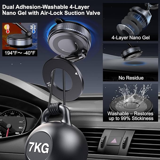 Vacuum Magnetic Car Phone Holder for Magsafe, Hands-Free 360° Adjustable Suction Cup Phone Mount for Car/Gym/Mirror/Smooth Surface, Compatible with iPhone & Android (Black)
