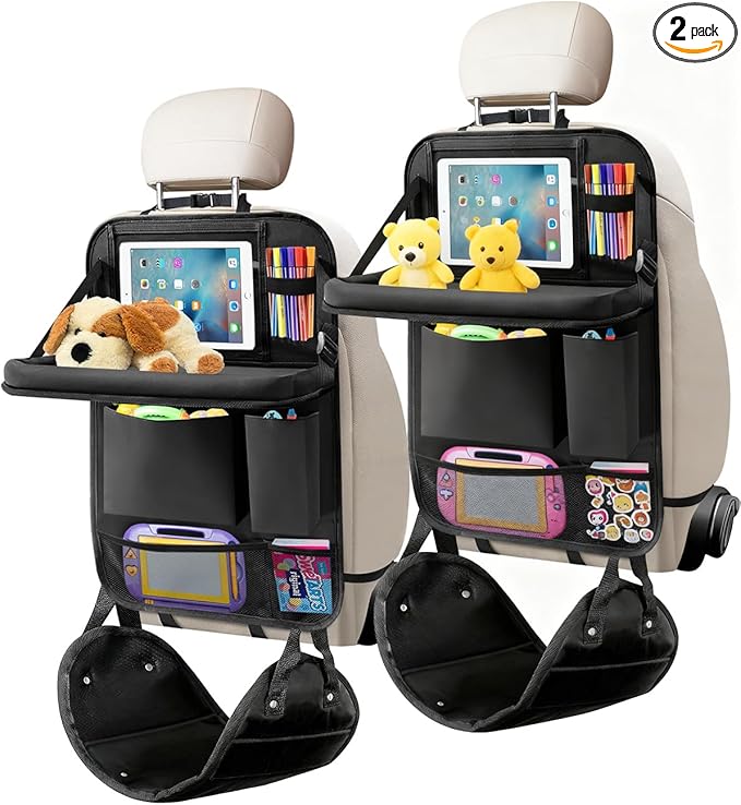 Backseat Car Organizer 4Pack with Table Tray Free Foot Hammock Car Seat Protector with Tablet Holder for Car, 7 Pockets Back Seat Organizer and Kick Mat for Kids Travel Accessories