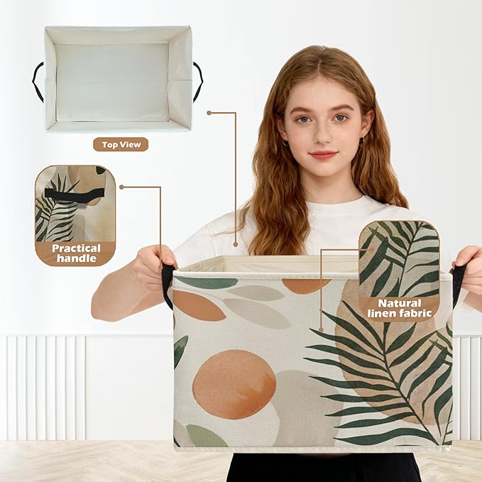 Boho Abstract Botanical Storage Box Bins, Mid Century Modern Boho Leaf Collapsible Storage Basket Organizer for Bedroom Laund