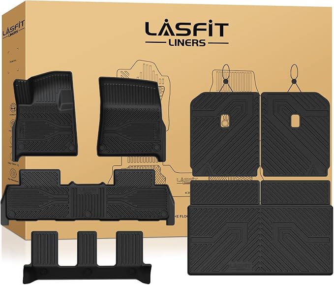 LASFIT Floor Mats&Trunk Mat&Backrest Mat for Rivian R1S 2025, TPE All Weather Floor Mats Custom Fit Floor Liner&Cargo Mat for R1S 2025 1st & 2nd & 3rd Row Full Set Car Mats and Cargo Liner