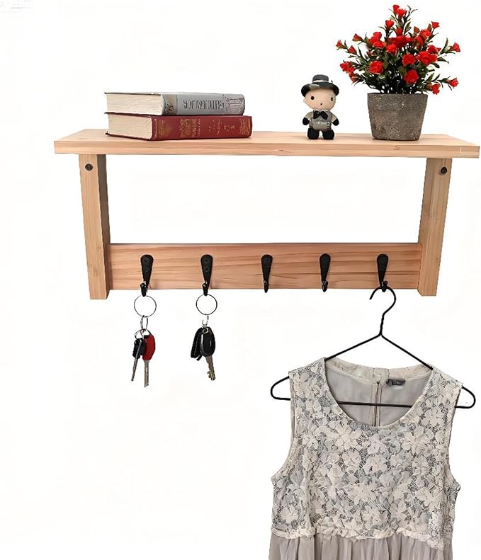Wall Shelf with Hooks, Multi-Purpose Wooden Shelf & Metal Hooks for Home Entryway, Living Room,Office - Heavy Duty Coat Rack 