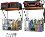 ThreeHio 2 Pack Garage Shelves Wall Mounted with Wire Storage baskets, Heavy Duty Garage Wall Shelving with Hooks, Wooden flo