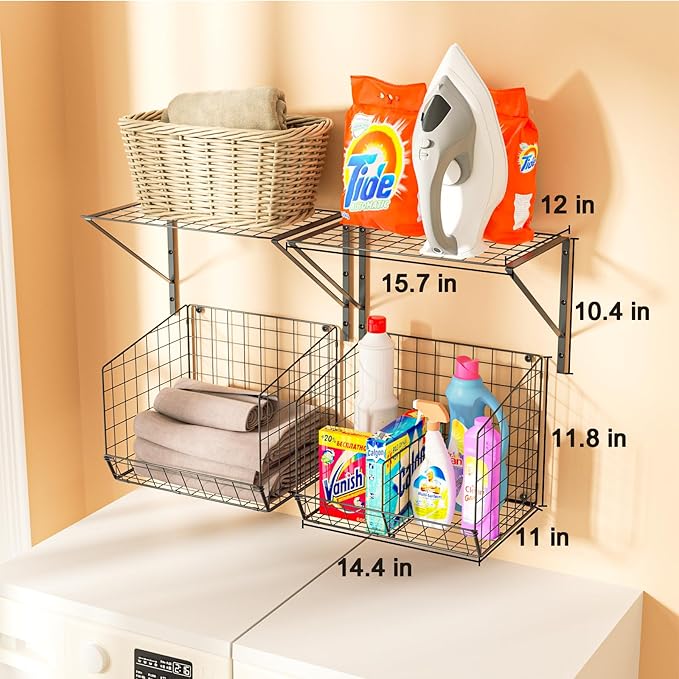 4 Pack Laundry Room Shelves Wall Mounted with Wire Baskets, Laundry Room Organizer and Storage, Over The Washer and Dryer Wir