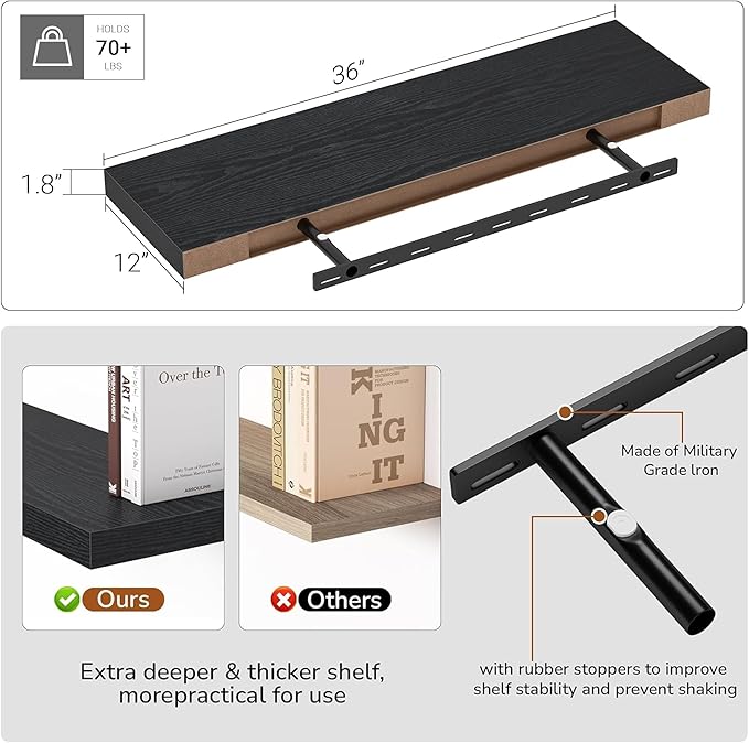 Vivelove Single Floating Shelves 36 inch Long, 10 in Deep Shelves Wall Mounted for Bedroom, Bathroom, Living Room, Kitchen, O