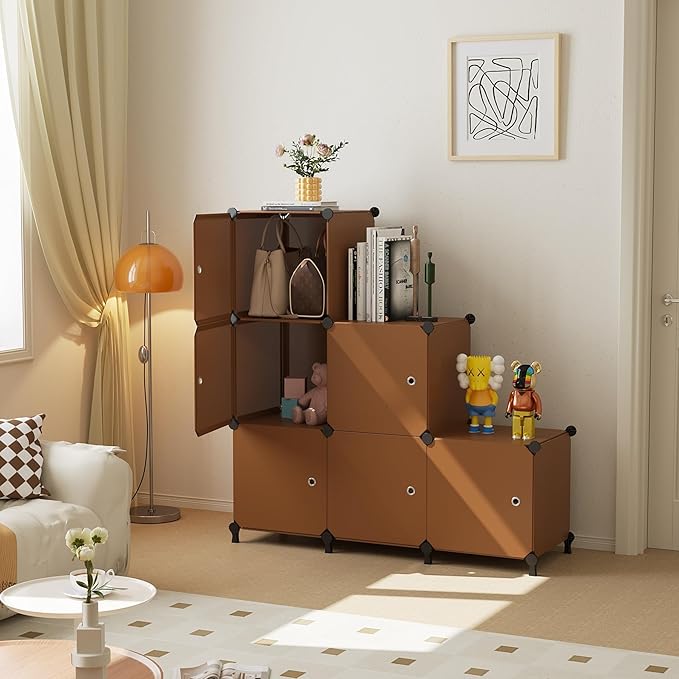 Cube Storage Organizer, 6-Cube Shelves Unit with Doors, DIY Stackable Plastic Clothes Organizer for Bedroom and Under Stairs 