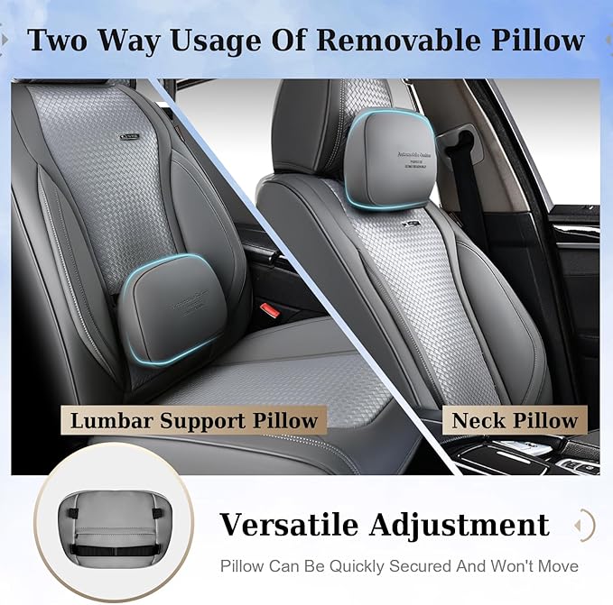 Coverado Seat Covers, Car Seat Covers Front Seats, Waterproof Nappa Leather Auto Seat Cover with Lumbar Head Pillow, Gray Sea