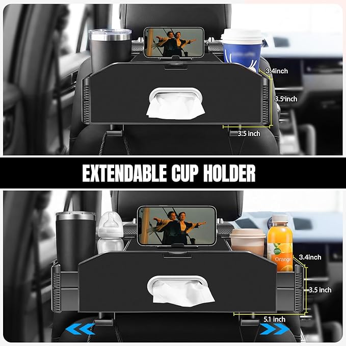 5-in-1 Car Back Seat Organizer and Storage with Extendable Cup Holder, Tissue Holder, Phone Holder, Hanging Hooks, Trash Bin, Back of Seat Car Headrest Organization Accessories for Women Man