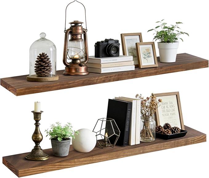 Floating Wall Shelf 48x6.8x1.7 Inch – Solid Wood Shelf in Dark Oak Finish – Extra Long Wall Mounted Rustic Display Shelf for 