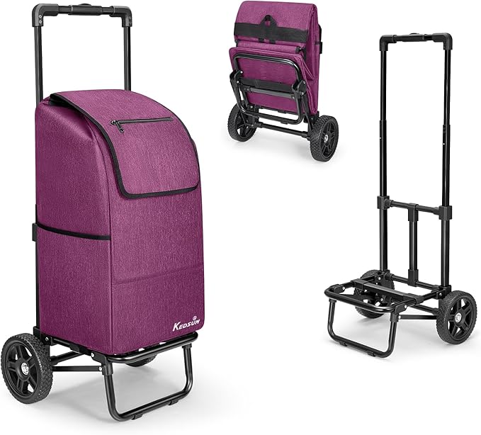 KEDSUM 2 in 1 Shopping Carts for Groceries, 330 lbs Grocery Cart on Wheels, Foldable Utility Carts with Wheels, Load-Bearing Hand Truck with Waterproof Bag for Shopping,Camping,Laundry,Garden, Purple