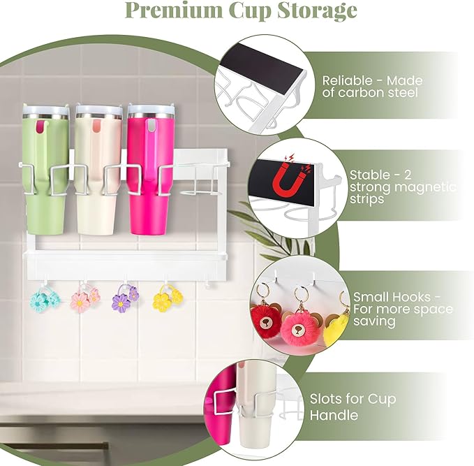 CINPIUK Water Bottle Organizer Holder, Magnetic Mug Hook Storage for Stanley & Large Tumbler, Space Saving Wall Mount Mug Org
