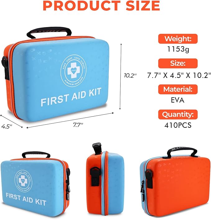 Large First Aid Kit - 410 Piece Dual-Color Emergency Kit with Hard Shell & Fluorescent Interior Coating, Professional Surviva