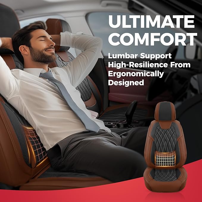 FREESOO Black Brown Car Seat Covers Full Set - Faux Nappa Leather Seat Covers for Cars, Breathable Waterproof Front Seats Pro