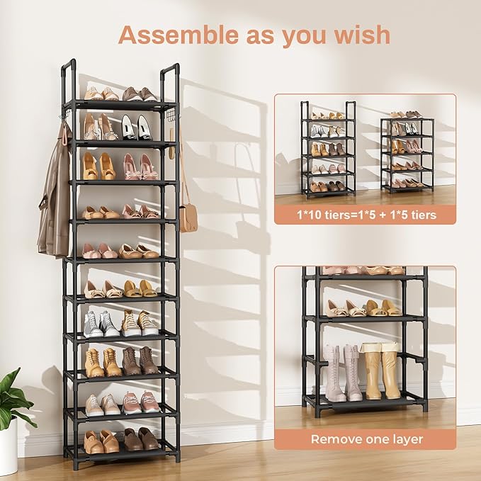 LANTEFUL 10 Tiers Shoe Rack 25 Pairs Large Capacity Tall Shoe Organizer Sturdy Shoe Storage with Two Hooks Space Saving Metal