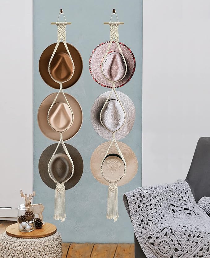 2 Pieces Hat Racks Hat Hangers for Wall, Bohemian Hat Organizer for Wall Hanging Hat Display, Hand Weaving Boho Hat Rack Deco