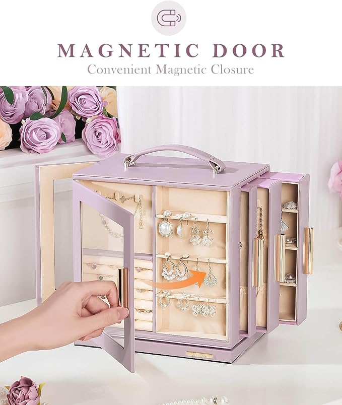 Homde Jewelry Box 360° Rotating, Necklace Earring Organizer with Transparent Window, Mirror, 7 Drawers, Large Ring Display St