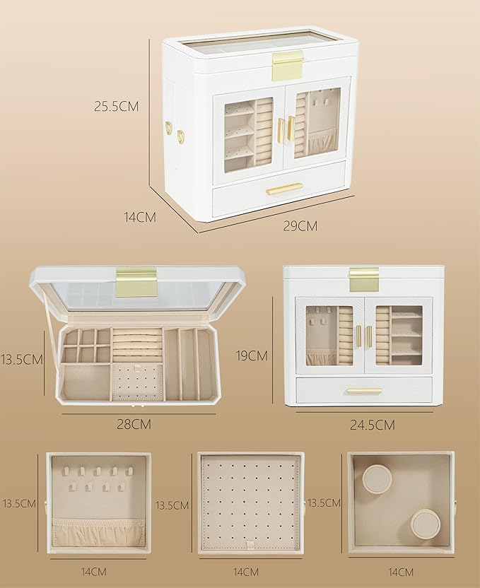 11" Large Jewelry Box White Woven PU Leather Storage Case Holds 100+ Pieces, Jewelry Case with Metal Handles for Necklaces, R