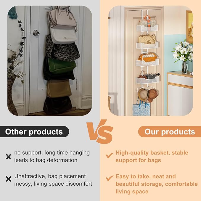 Dmevkic Purse Organizer Over the Door,Adjustable Metal Purse Holder Handbag with 5 Hooks, Purse Organizer for Closet, Bathroo