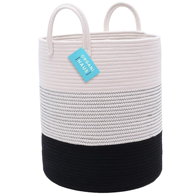 OrganiHaus Large Black & White Woven Laundry Basket w/Handles 52L, Rope Dirty Clothes Hamper, Blanket Basket for Living Room,